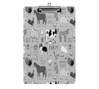Plastic Clipboard, 12.5x8.5 in Hardboard A4 Paper Size PVC Writing Board Low Profile for Office Work 12.5" x 9" Print Farm Rooster Milk Cow Donkey Pig Sheep Cat Dog Rabbit on Grey