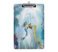 Plastic Clipboard, 12.5x8.5 in Hardboard A4 Paper Size PVC Writing Board Low Profile for Office Work 12.5" x 9" Print Two Mermaids Dolphins Sea Turtle Undersea World