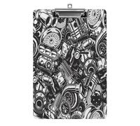 Plastic Clipboard, 12.5x8.5 in Hardboard A4 Paper Size PVC Writing Board Low Profile for Office Work 12.5" x 9" Print Seamless Car Steel Parts Monochrome Black and White Elements