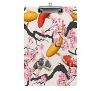Plastic Clipboard, 12.5x8.5 in Hardboard A4 Paper Size PVC Writing Board Low Profile for Office Work 12.5" x 9" Print Japanese Yellow Red Koi Fishes Cherry Blossoms Branches Retro