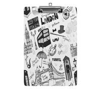 Plastic Clipboard, 12.5x8.5 in Hardboard A4 Paper Size PVC Writing Board Low Profile for Office Work 12.5" x 9" Print London Landmark England Flag Bus Telephone Booth