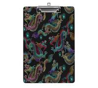 Plastic Clipboard, 12.5x8.5 in Hardboard A4 Paper Size PVC Writing Board Low Profile for Office Work 12.5" x 9" Print Embroidery Chinese Dragons Colorful Seamless On Black