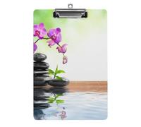 Plastic Clipboard, PVC Writing Board Hardboard Low Profile A4 Paper Size 12.5x8.5 in for Work Office 12.5" x 9" Print Black Spa Zen Stone Green Purple Orchids Flowers
