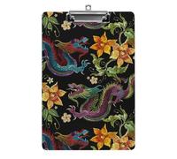 Plastic Clipboard, PVC Writing Board Hardboard Low Profile A4 Paper Size 12.5x8.5 in for Work Office 12.5" x 9" Print Embroidery Asian Dragons Yellow Flowers Chinese Dragons