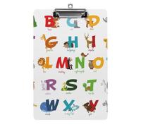 Plastic Clipboard, PVC Writing Board Hardboard Low Profile A4 Paper Size 12.5x8.5 in for Work Office 12.5" x 9" Print Cartoon English Alphabet Funny Zoo Animals