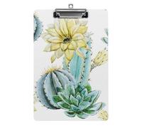 Plastic Clipboard, PVC Writing Board Hardboard Low Profile A4 Paper Size 12.5x8.5 in for Work Office 12.5" x 9" Print Turquoise Green Cactus Cacti Yellow Flowers on White