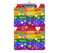 Plastic Clipboard, PVC Writing Board Hardboard Low Profile A4 Paper Size 12.5x8.5 in for Work Office 12.5" x 9" Print Hippie Peace Signs Flowers Red Hearts Rainbow Stripes