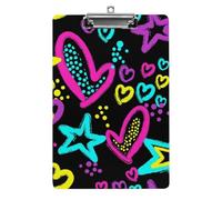 Plastic Clipboard, PVC Writing Board Hardboard Low Profile A4 Paper Size 12.5x8.5 in for Work Office 12.5" x 9" Print Colorful Hearts and Stars Dots on Dark