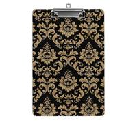 Plastic Clipboard, PVC Writing Board Hardboard Low Profile A4 Paper Size 12.5x8.5 in for Work Office 12.5" x 9" Print Gold Baroque Retro Yellow Damask Floral Pattern