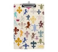 Plastic Clipboard, PVC Writing Board Hardboard Low Profile A4 Paper Size 12.5x8.5 in for Work Office 12.5" x 9" Print Vintage Heraldic Lions Horses Griffins Fleur De Lis