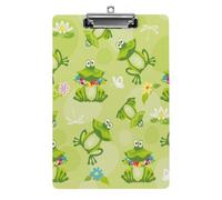Plastic Clipboard, PVC Writing Board Hardboard Low Profile A4 Paper Size 12.5x8.5 in for Work Office 12.5" x 9" Print Green Frogs Flowers Toads White Lotus Flowers