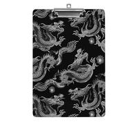 Plastic Clipboard, PVC Writing Board Hardboard Low Profile A4 Paper Size 12.5x8.5 in for Work Office 12.5" x 9" Print Embroidery Chinese Dragons Seamless On Black
