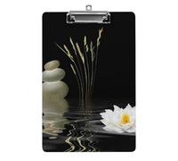 Plastic Clipboard, PVC Writing Board Hardboard Low Profile A4 Paper Size 12.5x8.5 in for Work Office 12.5" x 9" Print Spa Zen Stones White Lotus Lily Wild Over Water Black