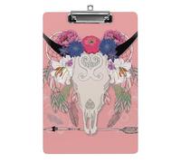 Plastic Clipboard, PVC Writing Board Hardboard Low Profile A4 Paper Size 12.5x8.5 in for Work Office 12.5" x 9" Print Tribal Ethnic Cow Skull Arrow Feathers Flowers on Red