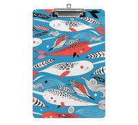 Plastic Clipboard, PVC Writing Board Hardboard Low Profile A4 Paper Size 12.5x8.5 in for Work Office 12.5" x 9" Print Marine Narwhal Whale Seamless On Blue