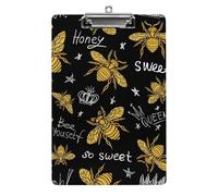 Plastic Clipboard, PVC Writing Board Hardboard Low Profile A4 Paper Size 12.5x8.5 in for Work Office 12.5" x 9" Print Seamless Gold Yellow Honey Bees Crowns on Black
