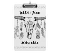 Plastic Clipboard, PVC Writing Board Hardboard Low Profile A4 Paper Size 12.5x8.5 in for Work Office 12.5" x 9" Print Native American Mexican Bull Skull Feathers Ethnic
