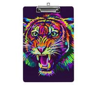 Plastic Clipboard, PVC Writing Board Hardboard Low Profile A4 Paper Size 12.5x8.5 in for Work Office 12.5" x 9" Print Colorful Tiger Face Mouth Open and Teeth