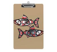 Plastic Clipboard, PVC Writing Board Hardboard Low Profile A4 Paper Size 12.5x8.5 in for Work Office 12.5" x 9" Print Salmon Fish Native American Style On Brown