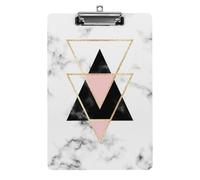 Plastic Clipboard, PVC Writing Board Hardboard Low Profile A4 Paper Size 12.5x8.5 in for Work Office 12.5" x 9" Print Golden Pink Black Triangles on Geometric Marble