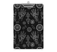 Plastic Clipboard, PVC Writing Board Hardboard Low Profile A4 Paper Size 12.5x8.5 in for Work Office 12.5" x 9" Print Palmistry Hand Bohemian Tribal Elements-