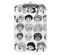 Plastic Clipboard, PVC Writing Board Hardboard Low Profile A4 Paper Size 12.5x8.5 in for Work Office 12.5" x 9" Print Different Faces of Male and Female Black White Pattern