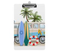 Plastic Clipboard, PVC Writing Board Hardboard Low Profile A4 Paper Size 12.5x8.5 in for Work Office 12.5" x 9" Print Surfing Van Trip Camper Bus Palm Tree Surfboard On White
