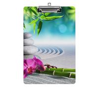Plastic Clipboard, PVC Writing Board Hardboard Low Profile A4 Paper Size 12.5x8.5 in for Work Office 12.5" x 9" Print Pink Orchids Flowers Zen Massage Stones Leaves on Sand