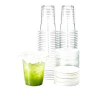 Plastic Cups with Lids 14oz/400ml Clear Disposable Iced Coffee Cup, 50 Pack | Drinking PET Cup for Cold Drinks, Smoothie, Slushie, Matcha, Frappe, Bubble Tea, Juices, Takeaway Service, Party,Picnic