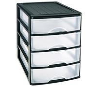 Plastic Desktop Storage Unit with Drawers, Stationary Arts Drawer Desktop Tabletop Organiser Storage Tower Unit for Office Bedroom Garage ((35.5 x 27 x 35cm, Black with 4 Clear Drawers))
