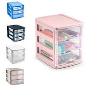 Plastic Desktop Storage Unit with Drawers, Stationary Arts Drawer Desktop Tabletop Organiser Storage Tower Unit for Office Bedroom Garage ((17 x 13.5 x 17cm, Pink with 3 Clear Drawers))