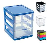 Plastic Desktop Storage Unit with Drawers, Stationary Arts Drawer Desktop Tabletop Organiser Storage Tower Unit for Office Bedroom Garage ((17 x 13.5 x 17cm, Blue with 3 Clear Drawers))