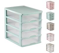 Plastic Desktop Storage Unit with Drawers, Stationary Arts Drawer Desktop Tabletop Organiser Storage Tower Unit for Office Bedroom Garage (35.5 x 27 x 35cm, Mint Green with 4 Clear Drawers)