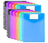 Plastic Document Wallets, 12 Pcs Plastic Wallets A4 Punched Pockets, Punched Folder, Expandable Binder Pocket with Snap Button and Label Pocket for Paperwork University Essentials Stationery