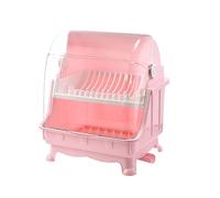 Plastic Dustproof Drain Storage Box,Multifunctional Covered Kitchen Dish Drying Rack,Cutlery Dish Drainer,Basket Cutlery Holder Kitchen Tableware Storage Box(Pink)
