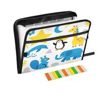 Plastic Expanding File Folder 13 Pockets A4 Letter Size with Zipper Closure for School Home Office Classroom Vector Animal Giraffe Elephant Blue Yellow carpeta de