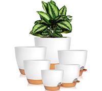 Plastic Flower Pot with Saucer 20.3/17.7/16.5/15.2/14/12.5 cm, Set of 6, Self-Watering Planter, Herb Pot, Kitchen Set, Round Plant Pot for Succulents, Cactus, Fresh Kitchen Herbs, White