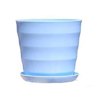 Plastic Flower Pots, 13.5 x 12.6 cm, Multicolored Decorative Planters with Drainage Holes and Included Tray, Realistic Texture, for Home Office Desk or Balcony Use(Blue)