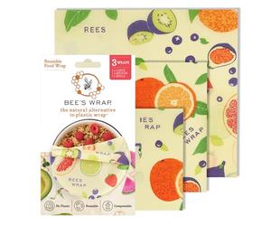 Plastic Free Bee's Wrap Assorted 3 Pack, Made in USA, Eco Friendly Reusable Beeswax Food Wraps, Sustainable, Zero Waste Alternative for Food Storage - 1 Small, 1 Medium, 1 Large (Fresh Fruit Pri