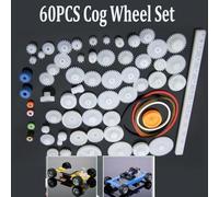 Plastic Gear Set for DIY Toy Cars, Robots & Motor Projects - 60-Piece Cog Wheel, Pulley, Spindle, Bevel & Crown Gears, Rack, Worm, Copper Tee