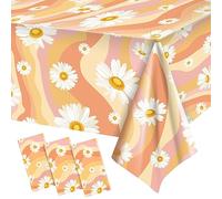 Plastic Groovy Tablecloths Retro Hippie Table Covers for Rectangle Table, Disposable Daisy Flower Rainbow Party Decorations for 60s 70s Boho Themed Birthday Carnival Party (Daisy,3 Pieces)