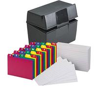 Plastic Index Card Flip Top File Box Holds 300 5 x 8 Cards, Matte Black, with Poly Card Guides, A-Z, 5 x 8 -Inch, and Heavy Weight Index Cards, 5" x 8", Ruled, White, 100/Pack (5x8 Inch)