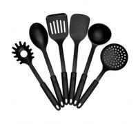 Plastic Kitchen Cooking Utensils Set of 6, Heat Resistant Non Stick Cooking Utensils, Black 30 cm Kitchen Tools with Spatula, Ladle, Pasta Server & Spoons