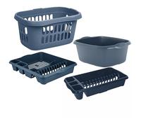 Plastic Kitchen Sink Set - Rectangular Washing Up Bowl, Two Large & Medium Dish Drainer Rack Plate Holder & 60L Hipster Basket - Multifunctional Kitchen Accessories (Navy Blue)