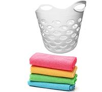 Plastic Laundry Basket With Handles Flexi Large Storage Round Hipster Hamper For Clothes Nursery & Home Organisation 13 Colours 30L (White Basket+Microfiber)