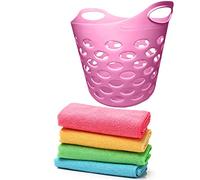 Plastic Laundry Basket With Handles Flexi Large Storage Round Hipster Hamper For Clothes Nursery & Home Organisation 13 Colours 30L (Pink Basket+Microfiber)