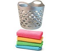 Plastic Laundry Basket With Handles Flexi Large Storage Round Hipster Hamper For Clothes Nursery & Home Organisation 13 Colours 30L (Grey Basket+Microfiber)