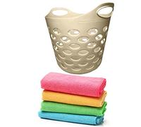 Plastic Laundry Basket With Handles Flexi Large Storage Round Hipster Hamper For Clothes Nursery & Home Organisation 13 Colours 30L (Cream Basket+Microfiber)