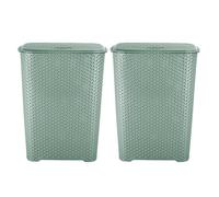 Plastic Laundry Basket with Lid - Silver Sage - Large 65L Litre Drop All Hamper Storage Washing Basket Bin - Knit Design - Clothes Washing Baskets Bin with Handles - Bathroom Bedroom (Set of 2)
