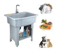 Plastic Laundry Sink, Utility Sink Laundry Tub, Portable Hand Wash Station, Outdoor Sinks with Hose Hook Up Freestanding Sinks with Removable Washboard, for Washing Room, Backyard Grey